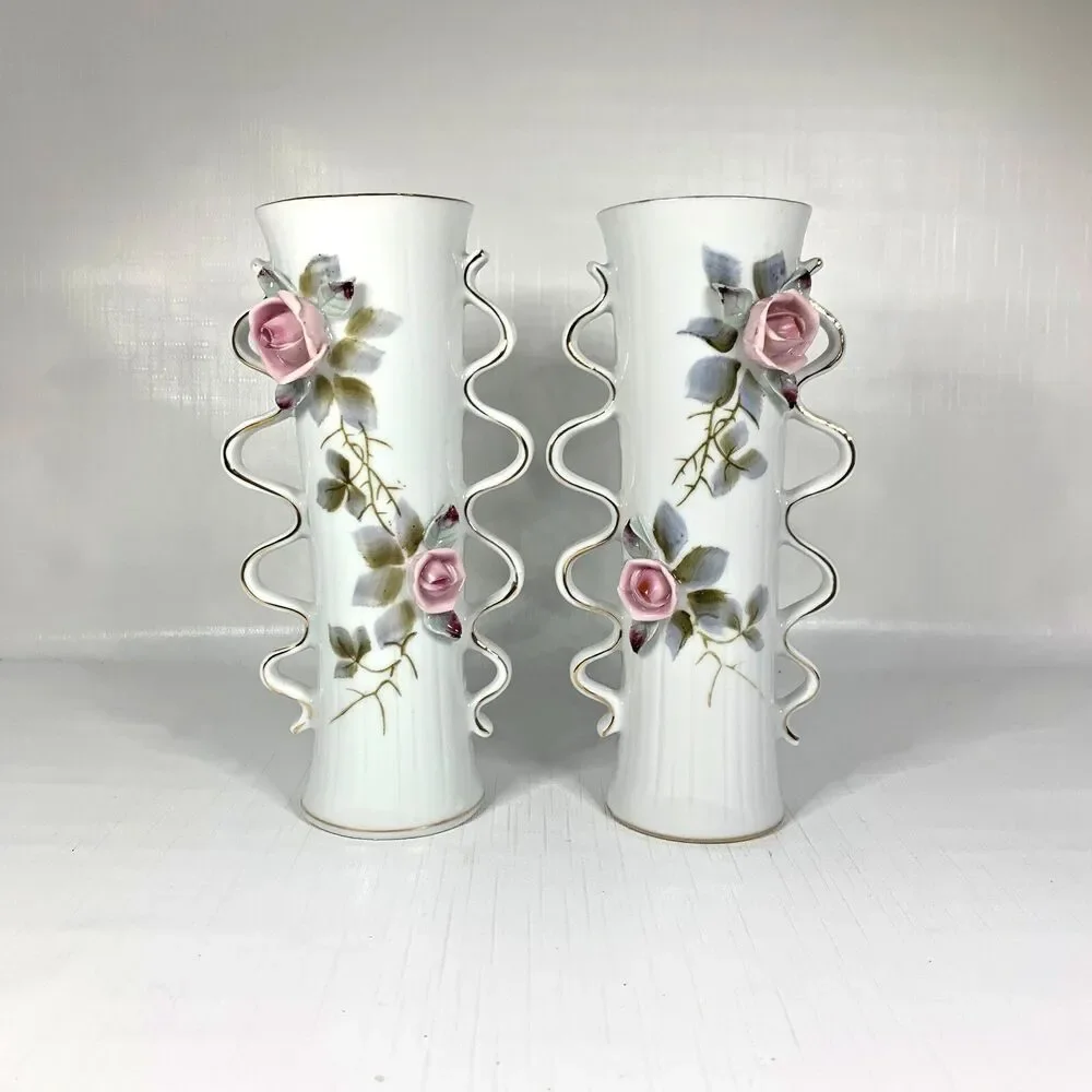 Vintage 1950s Cottagecore Porcelain Vases Shabby Decor Feminine Roses Set of 2